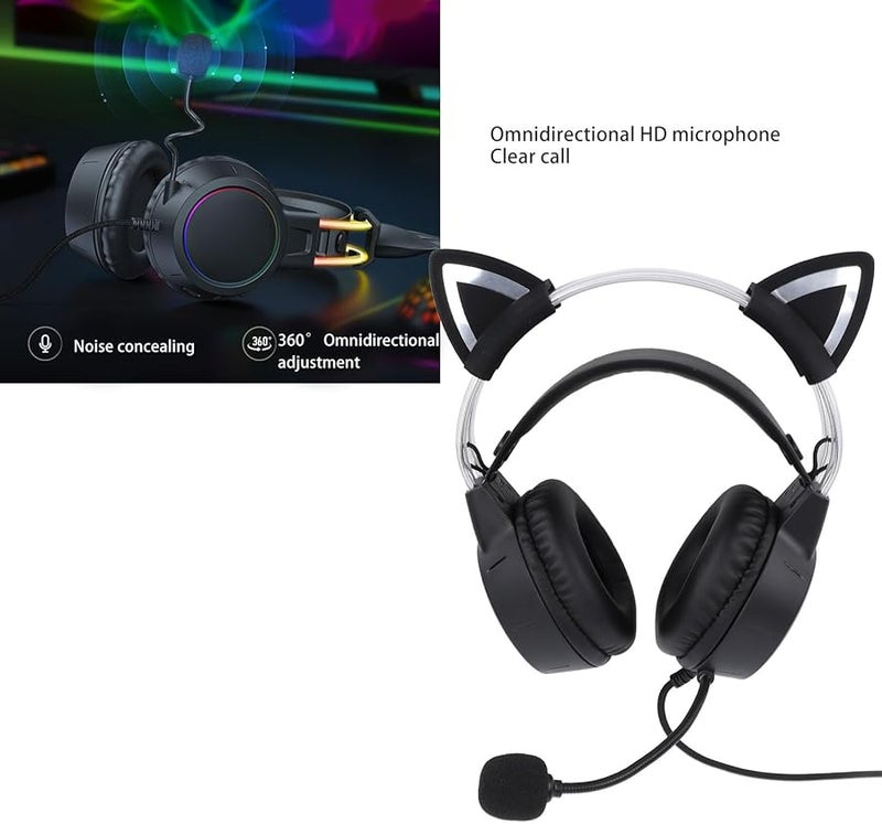 Black RGB Cat Ear Gaming Headset with Microphone Noise Canceling for PC Laptop - Image 3