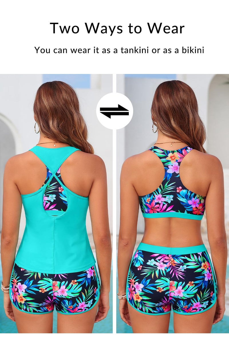 Yonique 3 Piece Athletic Tankini Swimsuits for Women with Shorts Swim Tank Tops with Sports Bra and Boyshorts Bathing Suits Aqua Colorful Floral L - Image 3