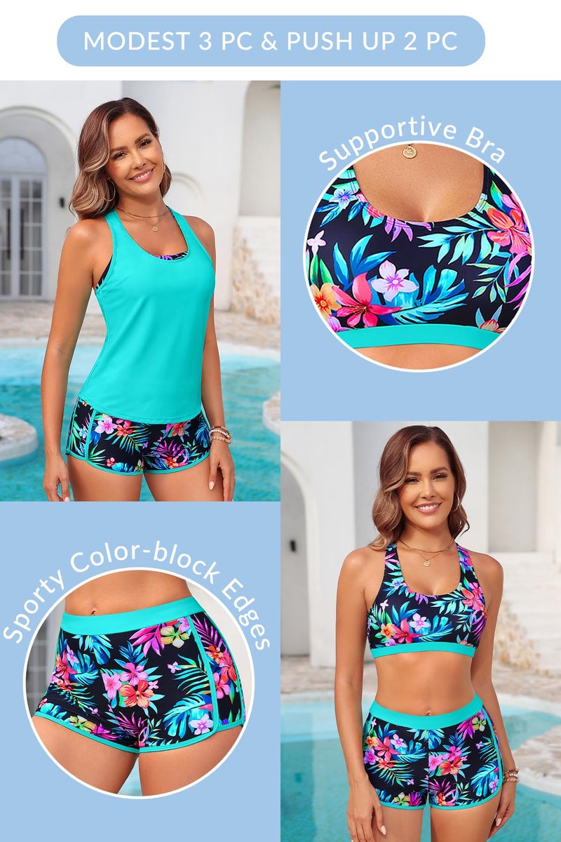Yonique 3 Piece Athletic Tankini Swimsuits for Women with Shorts Swim Tank Tops with Sports Bra and Boyshorts Bathing Suits Aqua Colorful Floral L - Image 4