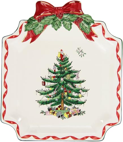 Spode طبق كانابي مزين بأشرطة شجرة عيد الميلاد من سبود - طبق تقديم عطلات بحجم 6.5 بوصة للحلويات والمقبلات والمأكولات - أدوات مائدة عيد الميلاد الفخمة مع لمسات ذهبية - آمن في غسالة الصحون - Image 3