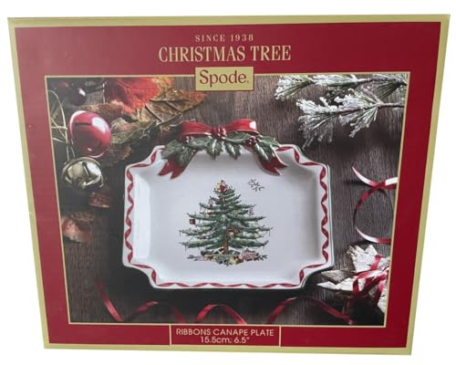 Spode طبق كانابي مزين بأشرطة شجرة عيد الميلاد من سبود - طبق تقديم عطلات بحجم 6.5 بوصة للحلويات والمقبلات والمأكولات - أدوات مائدة عيد الميلاد الفخمة مع لمسات ذهبية - آمن في غسالة الصحون - Image 2
