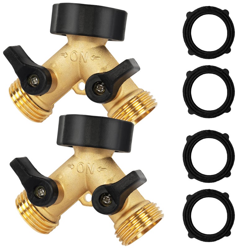 Hourleey 2 Pack Brass Garden Hose Splitter 2 Way, 3/4 Inch Hose Connector Tap Splitter, Hose Y Splitter, Hose Spigot Adapter 2 Valves with 4 Extra Rubber Washers - Image 1