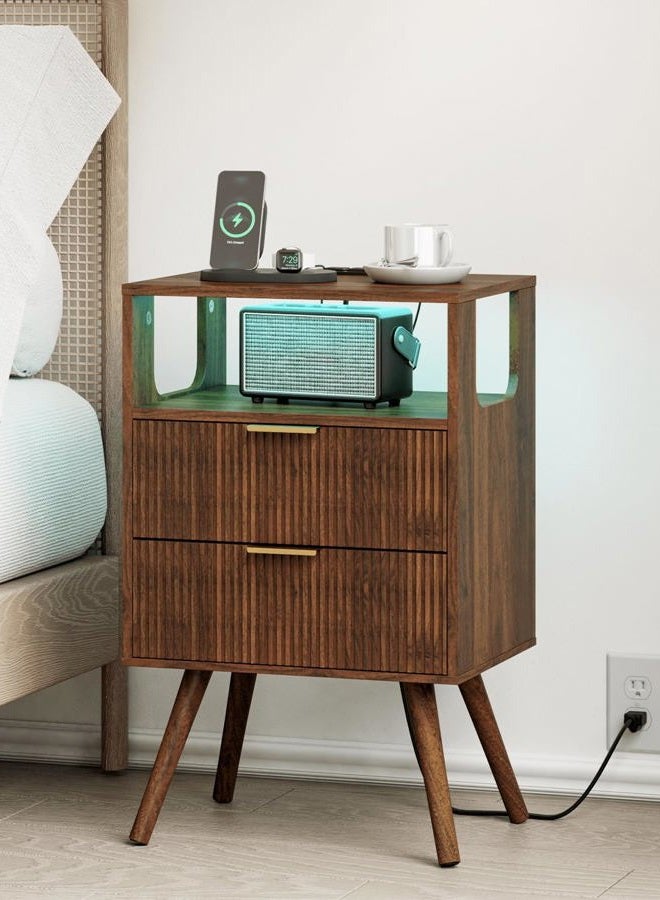 Leomonio Nightstand, Modern Bedside Table with 2 Storage Drawer and Open Wood Shelf for Bedroom and Small Spaces, Night Stand with Solid Wood Legs (Walnut Brown-Outlet) - Image 1