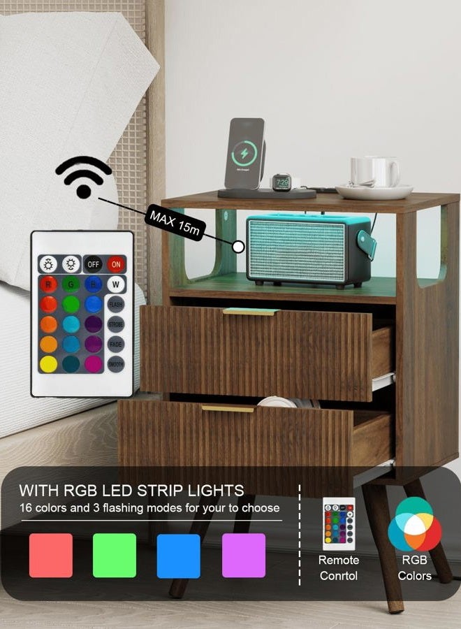 Leomonio Nightstand, Modern Bedside Table with 2 Storage Drawer and Open Wood Shelf for Bedroom and Small Spaces, Night Stand with Solid Wood Legs (Walnut Brown-Outlet) - Image 4