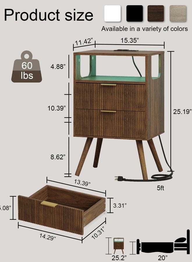 Leomonio Nightstand, Modern Bedside Table with 2 Storage Drawer and Open Wood Shelf for Bedroom and Small Spaces, Night Stand with Solid Wood Legs (Walnut Brown-Outlet) - Image 2