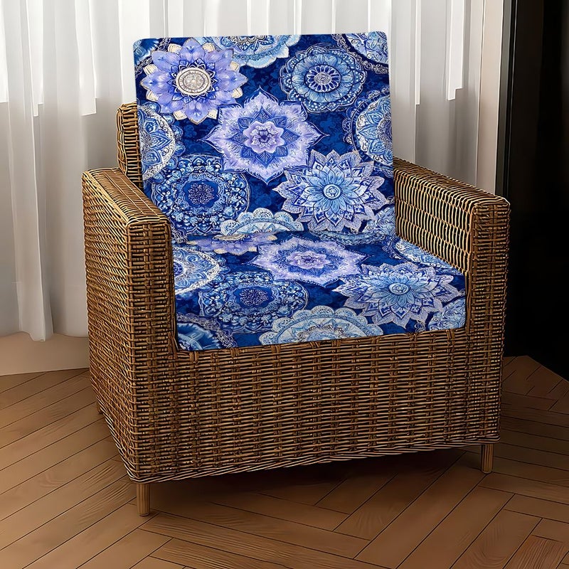 2D Plat Fiber Fabric Sofa Cushion Cover Set Of 6 Pieces Blue White Ethnic Mandala Print Retro Carved Texture Design Suitable For Outdoor Garden And Indoor Use - Image 3