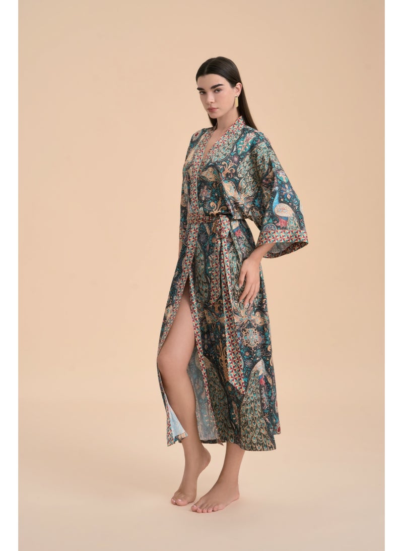 Closme Bohemian Peacock Print Satin Robe, Long Open Front Kaftan with Belt, Silky Loungewear, Resort Wear, Beach Cover Up, Bridal Shower Gift, Women's Sleepwear - Image 1