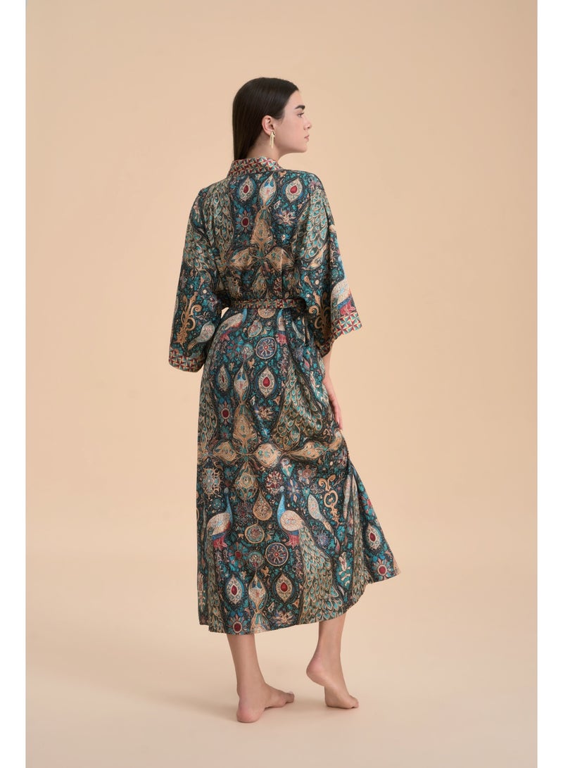 Closme Bohemian Peacock Print Satin Robe, Long Open Front Kaftan with Belt, Silky Loungewear, Resort Wear, Beach Cover Up, Bridal Shower Gift, Women's Sleepwear - Image 2