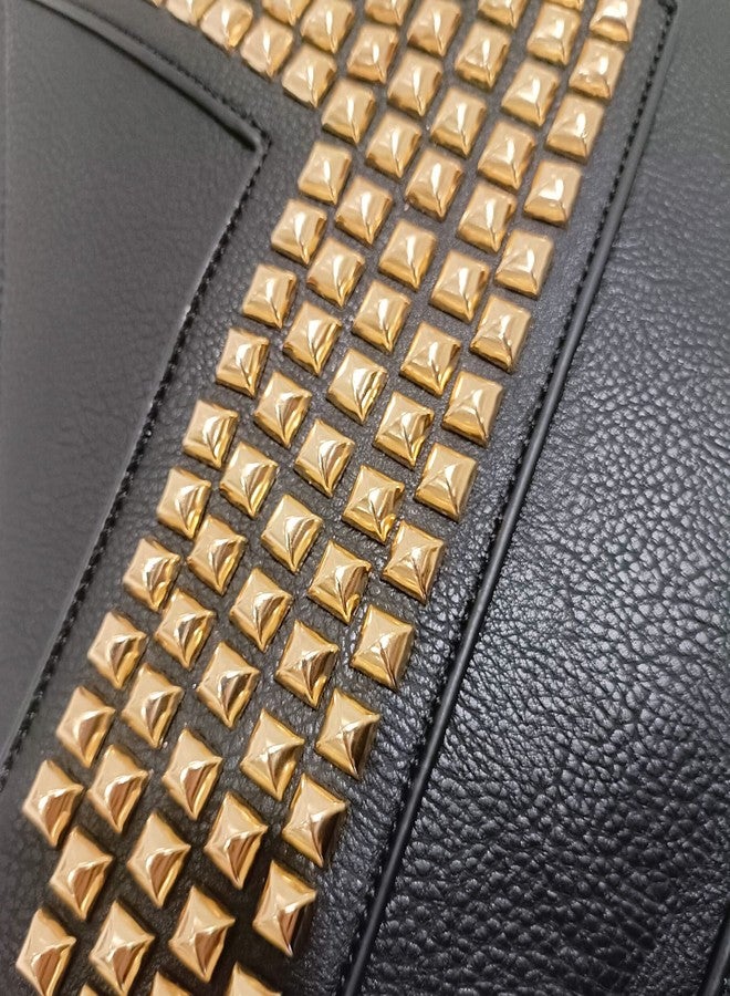 NIGEDU Oversized Clutch Bag Purse Women PU Leather Crossbody Shoulder Bags Studded Wristlet Handbag Rivet Envelope Clutches (Black & Gold), Black & Gold, Large - Image 5
