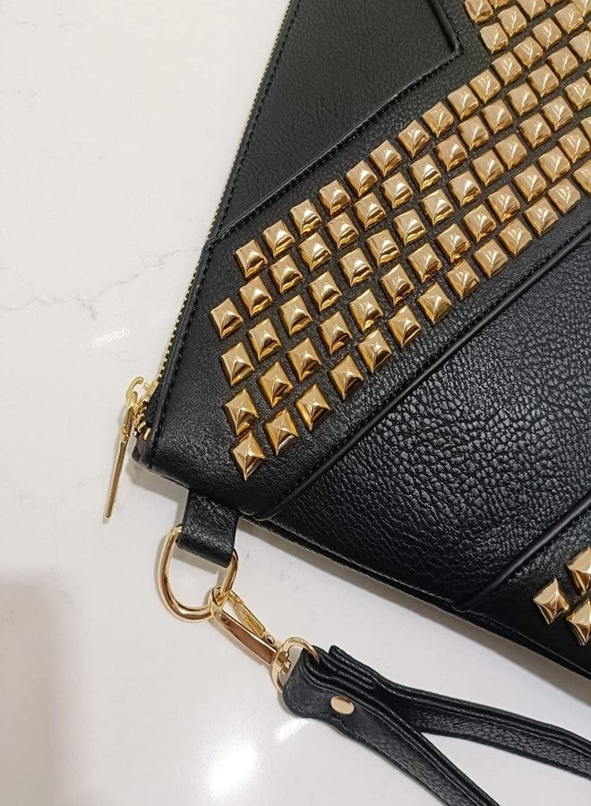 NIGEDU Oversized Clutch Bag Purse Women PU Leather Crossbody Shoulder Bags Studded Wristlet Handbag Rivet Envelope Clutches (Black & Gold), Black & Gold, Large - Image 4