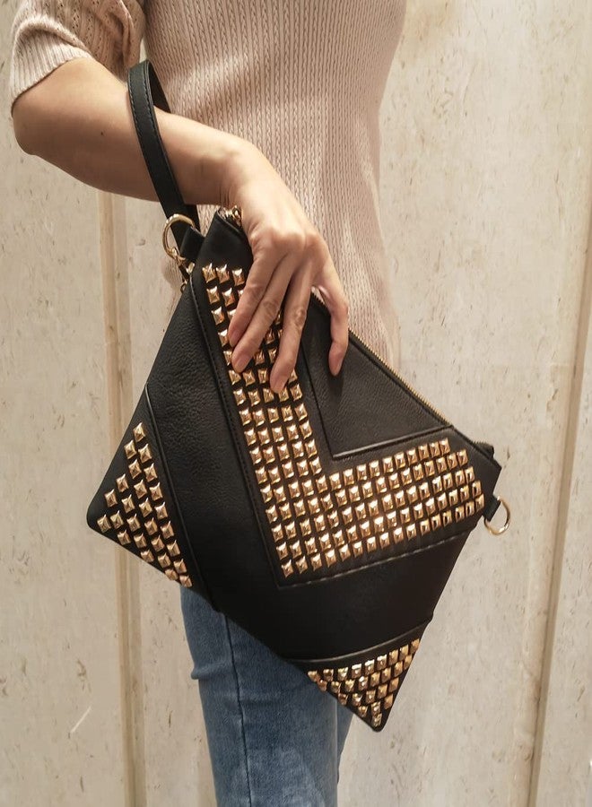 NIGEDU Oversized Clutch Bag Purse Women PU Leather Crossbody Shoulder Bags Studded Wristlet Handbag Rivet Envelope Clutches (Black & Gold), Black & Gold, Large - Image 3