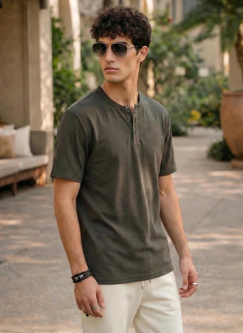 NOBERO Nobero Textured Tees for Men | Henley Neck Textured T-Shirt | 100% Polyester | Regular Fit | Half Sleeve | Casual & Smart-Casual Wear