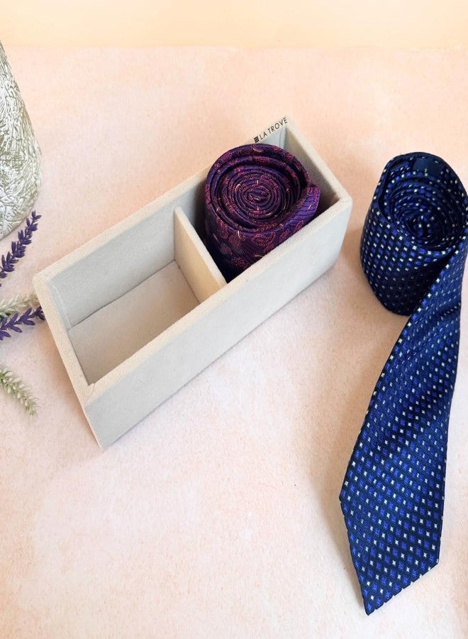 La Trove 2 Slot Velvet Tie Organizer Tray for Men | Pocket Square & Accessories Holder for Closet, Drawer & Wardrobe Storage | Men Accessories Display Tray (Cream) - Image 1