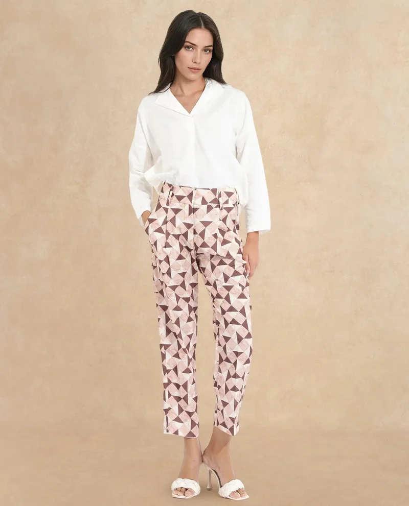 Rareism Women's Geometric Print Tapered Ankle-Length Trouser
