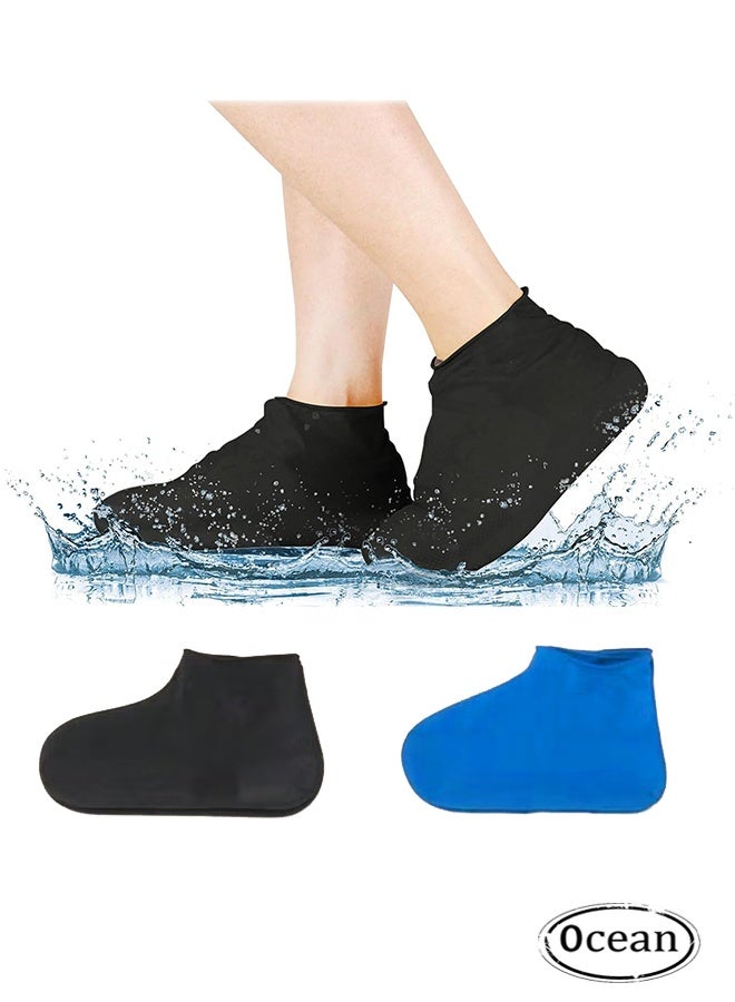Ocean 2 Pairs Waterproof Shoe Covers, Non-Slip Water Resistant Overshoes, Silicone Rain Shoe Cover Protectors, Reusable Rain Protection Shoes, Outdoor Cycling Apply to Men and Women (Black+Blue) - Image 1
