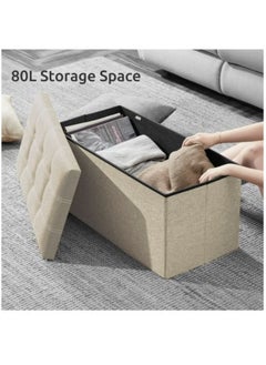 Hanayo 30 inches Folding Storage Ottoman, 80L Ottoman Bench Footrest Stool with Hidden Storage Boxes, Linen Fabric Storage Chest Padded Seat for Bedroom and Living Room, Support 350lbs (Beige)  - Image 2