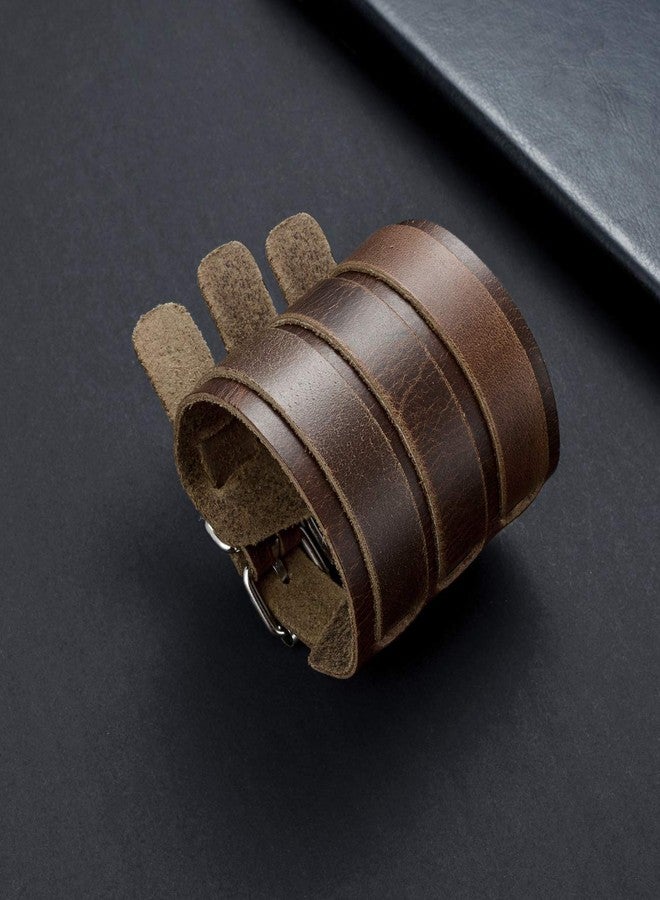 Tornito Genuine Leather Three Wide Strap Bracelet Punk Cuff Gauntlet Biker Arm Armor Bangle Wristband For Women Men Black Brown Size Adjustable - Image 4