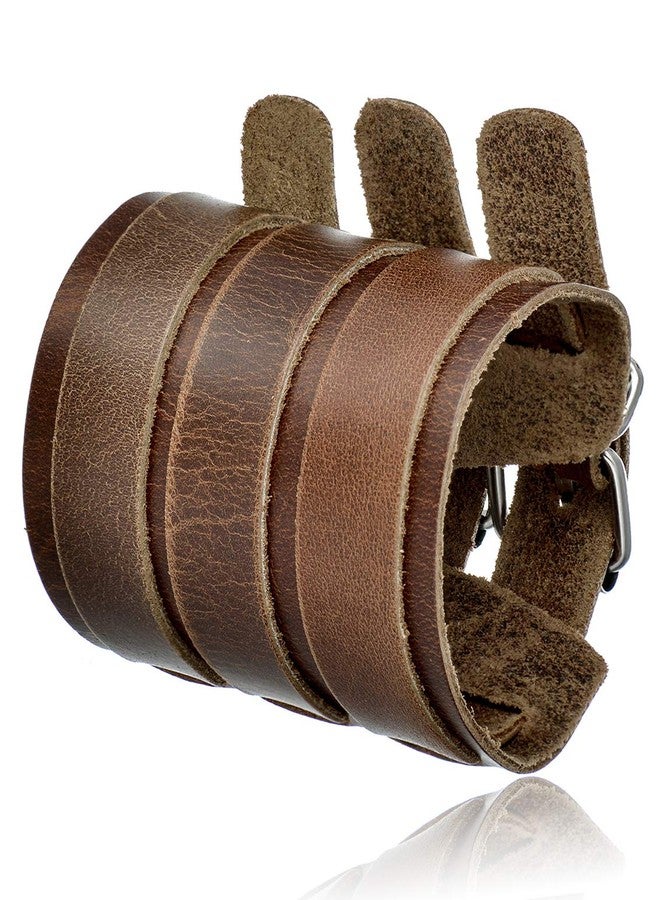 Tornito Genuine Leather Three Wide Strap Bracelet Punk Cuff Gauntlet Biker Arm Armor Bangle Wristband For Women Men Black Brown Size Adjustable - Image 1