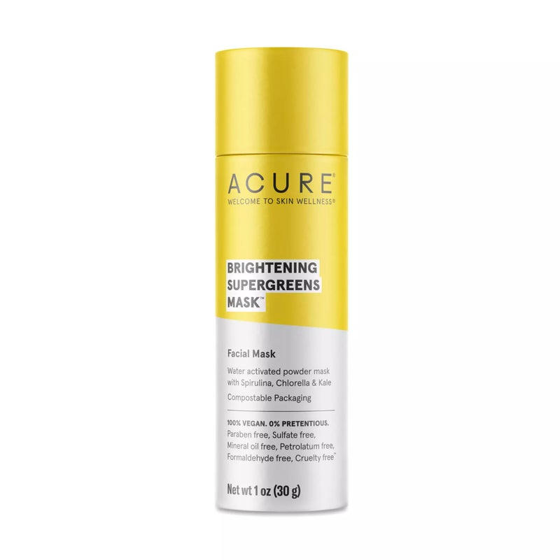 Acure Acure Brightening Supergreens Mask - Concentrated Green Facial Mask to Cleanse, Detoxify, and Moisturize - Water-Activated Powder Face Mask with Spirulina, Chlorella & Kale - All Skin Types 1 oz