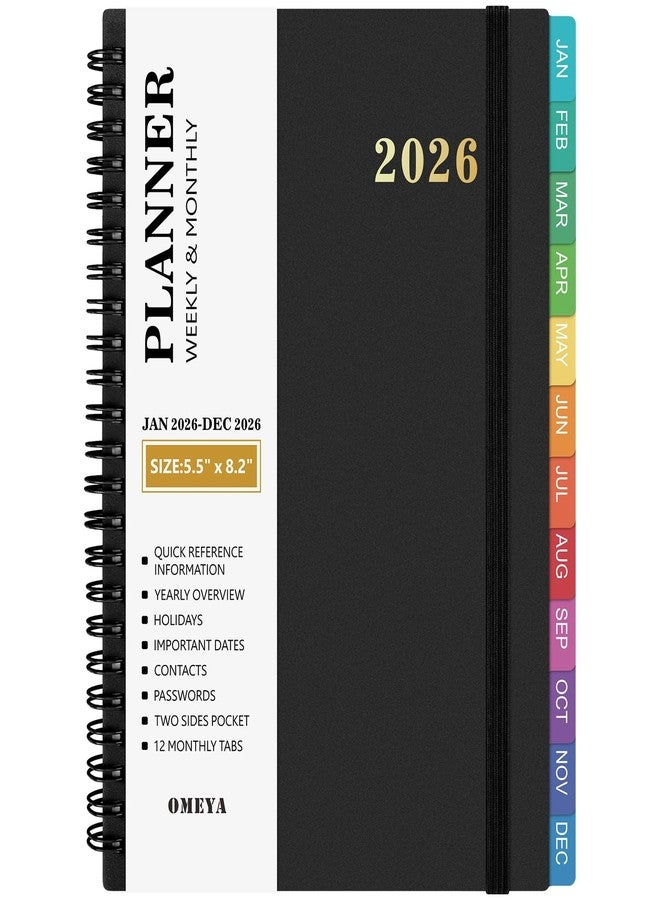 OMEYA 2026 Planner - 2026 Planner Weekly and Monthly: Jan. 2026 - Dec. 2026, 5.5" x 8.2", 2026 Calendar Planner with Monthly Tabs, Flexible Cover, Thick Paper, Inner Pocket for School Office Supplies(Black) - Image 1