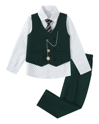 ZOEREA Boys Suit Formal Dress Clothes Ring Bearer Outfit Big Boy Wedding VestPantsDress ShirtChainAdjustable Tie Green 910Y - Image 3