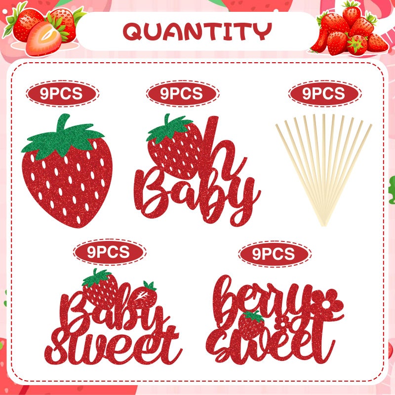 Wxiben Strawberry Oh Baby Cupcake Toppers - 36PCS Glitter Strawberry Shortcake Decorations Strawberry Baby Shower Decorations Baby Sweet Cupcake Toppers Strawberry Shortcake Baby Shower Cupcake Decor - Image 3
