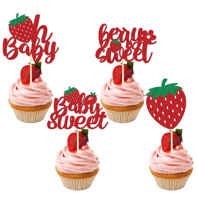 Wxiben Strawberry Oh Baby Cupcake Toppers - 36PCS Glitter Strawberry Shortcake Decorations Strawberry Baby Shower Decorations Baby Sweet Cupcake Toppers Strawberry Shortcake Baby Shower Cupcake Decor - Image 1