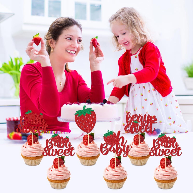 Wxiben Strawberry Oh Baby Cupcake Toppers - 36PCS Glitter Strawberry Shortcake Decorations Strawberry Baby Shower Decorations Baby Sweet Cupcake Toppers Strawberry Shortcake Baby Shower Cupcake Decor - Image 4