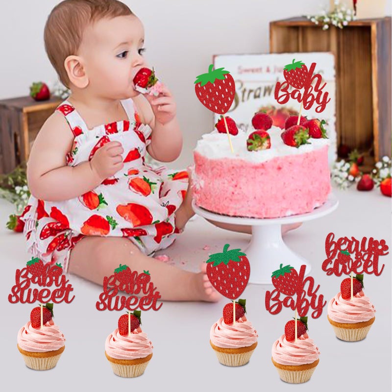Wxiben Strawberry Oh Baby Cupcake Toppers - 36PCS Glitter Strawberry Shortcake Decorations Strawberry Baby Shower Decorations Baby Sweet Cupcake Toppers Strawberry Shortcake Baby Shower Cupcake Decor - Image 5