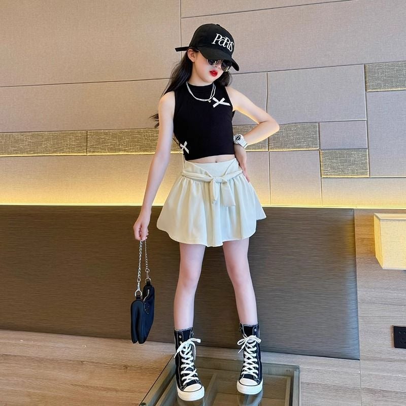 Girls' Summer Vest Suit Western Style Girls' Big Children'S Internet Popular Fashionable Sleeveless T-Shirt White Short Skirt Two-Piece Sweet And Spicy
