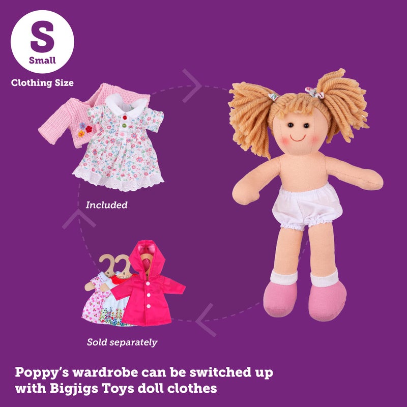 Bigjigs Toys Poppy Doll | Small 28cm Plush Ragdoll | Cuddly & Soft Baby Toy | First Birthday Gifts & Presents for Newborn Children | Dolly Girl with Strawberry Blonde Pigtails & Floral White Dress - Image 4