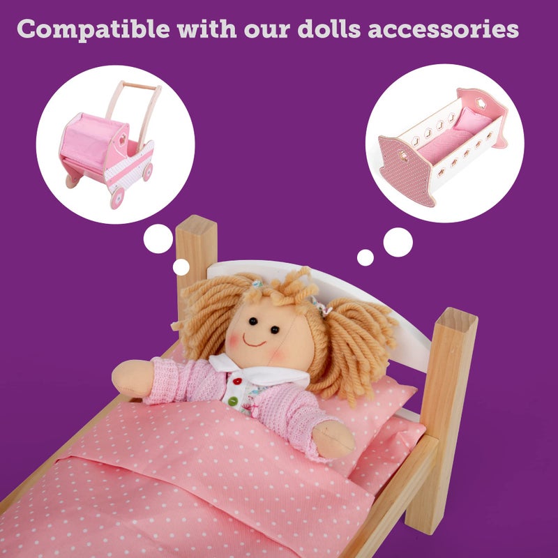 Bigjigs Toys Poppy Doll | Small 28cm Plush Ragdoll | Cuddly & Soft Baby Toy | First Birthday Gifts & Presents for Newborn Children | Dolly Girl with Strawberry Blonde Pigtails & Floral White Dress - Image 5