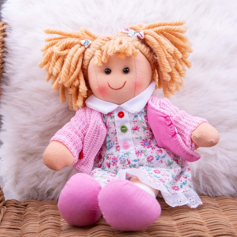 Bigjigs Toys Poppy Doll | Small 28cm Plush Ragdoll | Cuddly & Soft Baby Toy | First Birthday Gifts & Presents for Newborn Children | Dolly Girl with Strawberry Blonde Pigtails & Floral White Dress - Image 3