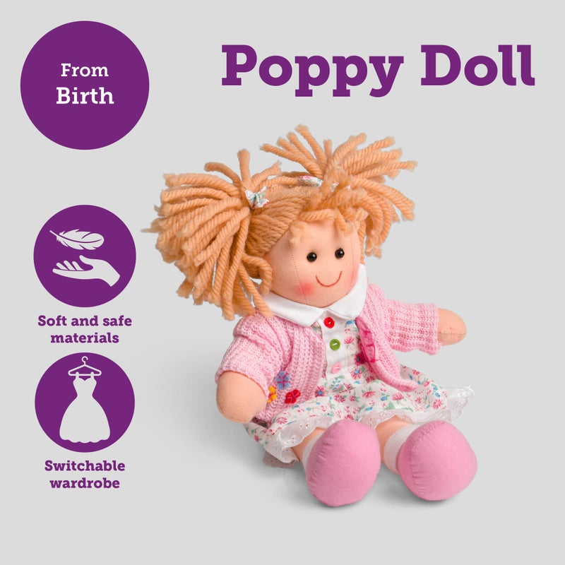 Bigjigs Toys Poppy Doll | Small 28cm Plush Ragdoll | Cuddly & Soft Baby Toy | First Birthday Gifts & Presents for Newborn Children | Dolly Girl with Strawberry Blonde Pigtails & Floral White Dress - Image 2