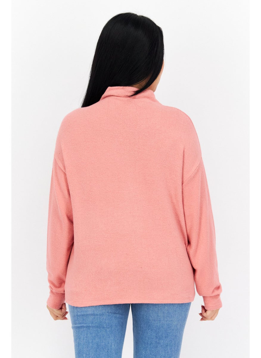 s.Oliver Women Turtle Neck Long Sleeves Plain Sweatshirt, Coral  - Image 2