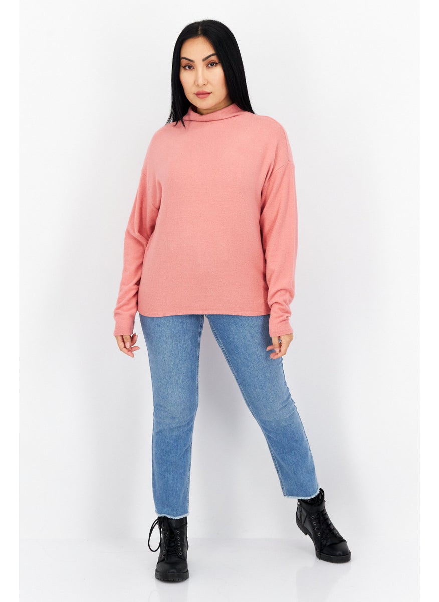 s.Oliver Women Turtle Neck Long Sleeves Plain Sweatshirt, Coral  - Image 3
