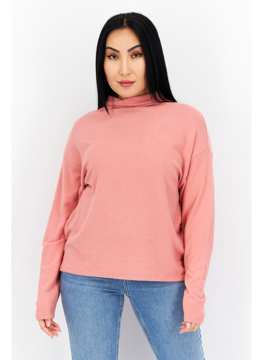 s.Oliver Women Turtle Neck Long Sleeves Plain Sweatshirt, Coral  - Image 1