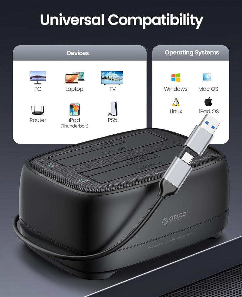 Orico External Hard Drive Dock Duplicator/Cloner SATA to USB C for 2.5”/3.5” Seagate Samsung WD Crucial SanDisk SSD HDD, Dual Drive Bay 36TB for PS5 Xbox PC Laptop Devices - Image 5