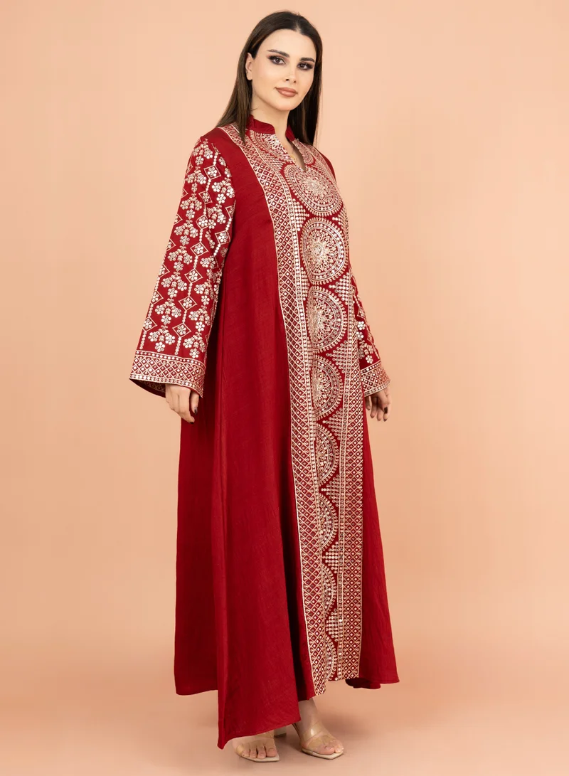 IKKXA Modern Embroidered Jalabiya IK2023 Maroon