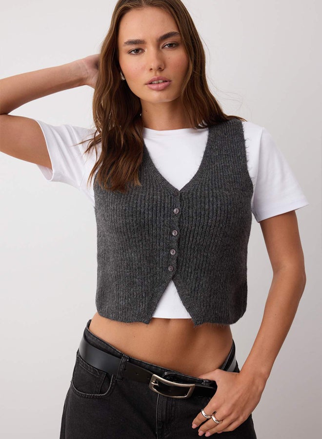 trendyol Anthracite Fitted VNeck Soft Textured Vest - Image 1
