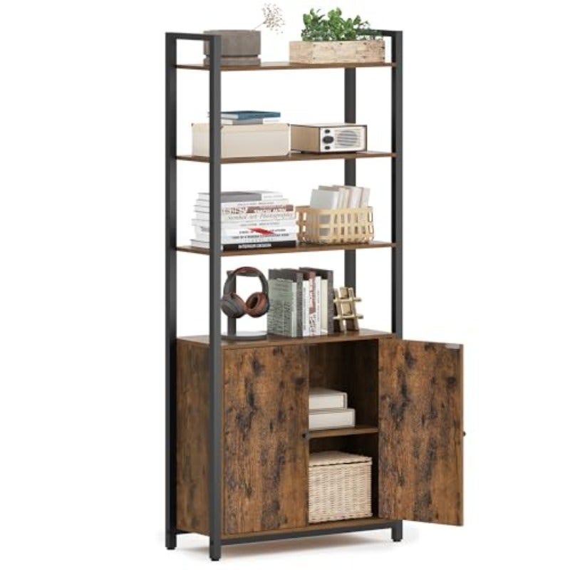 Bookcase 6 Tier Shelf Standing Shelf with Doors Metal Frame Adjustable Shelves 24 x 60 x 159.5 cm for Living Room Bedroom Vintage Brown Ink Black LLS133K01 - Image 1