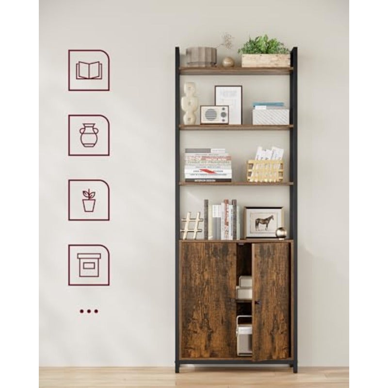 Bookcase 6 Tier Shelf Standing Shelf with Doors Metal Frame Adjustable Shelves 24 x 60 x 159.5 cm for Living Room Bedroom Vintage Brown Ink Black LLS133K01 - Image 4