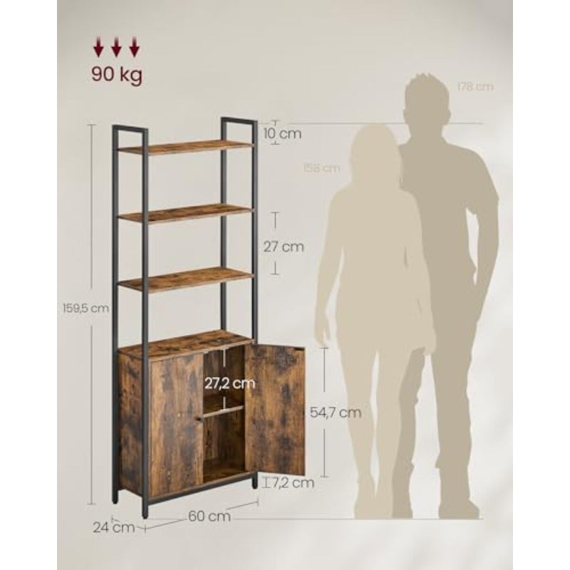 Bookcase 6 Tier Shelf Standing Shelf with Doors Metal Frame Adjustable Shelves 24 x 60 x 159.5 cm for Living Room Bedroom Vintage Brown Ink Black LLS133K01 - Image 3