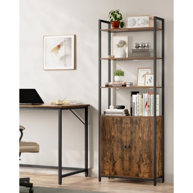 Bookcase 6 Tier Shelf Standing Shelf with Doors Metal Frame Adjustable Shelves 24 x 60 x 159.5 cm for Living Room Bedroom Vintage Brown Ink Black LLS133K01 - Image 2