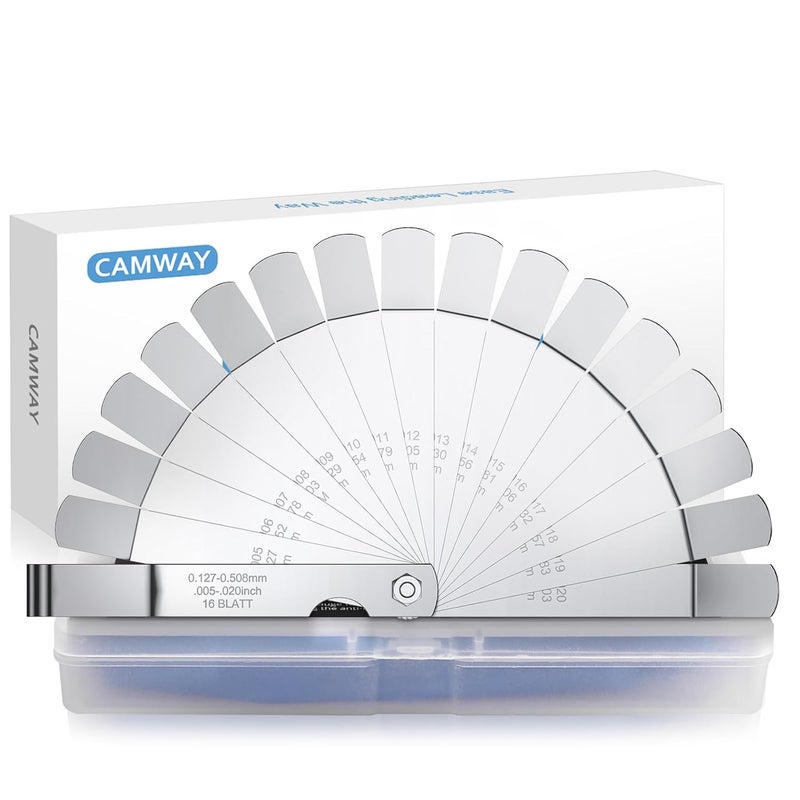 CAMWAY مقياس سمك معدني بزاوية - 16 شفرة بزاوية 45º مقياس سمك 0.127-0.508 مم (0.005-0.020 بوصة) أدوات قياس مائلة لفتحات الصمامات وشمعات الإشعال - Image 1