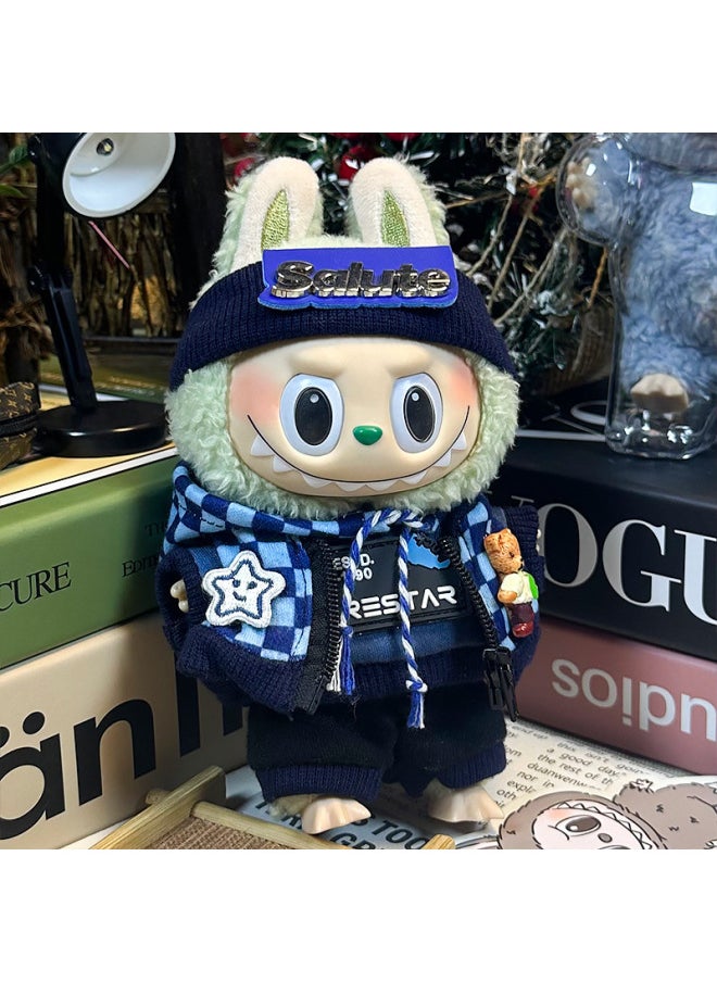 Labubu Sitting Party Doll Clothes Generation II Blind Box Labubu Doll Clothes Ragcloth Clothes Plush Vinyl Face-Specification:First And Second Generation Universal (doll Not Included) - Standard Outfit-Color:Dark Blue Trendy Style (headband + Jacket + Sweatshirt + Sweatpants)  - Image 1