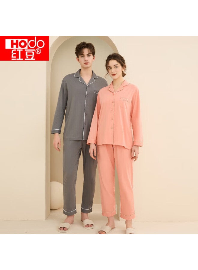 Hodo Women's Pure Cotton Long-sleeve Pajama Set, Solid Color Lapel Cardigan Couple's Sleepwear, Orange Pink, Size 175 - Image 3
