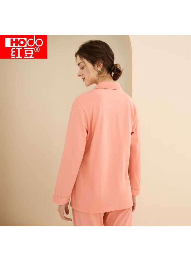 Hodo Women's Pure Cotton Long-sleeve Pajama Set, Solid Color Lapel Cardigan Couple's Sleepwear, Orange Pink, Size 175 - Image 2