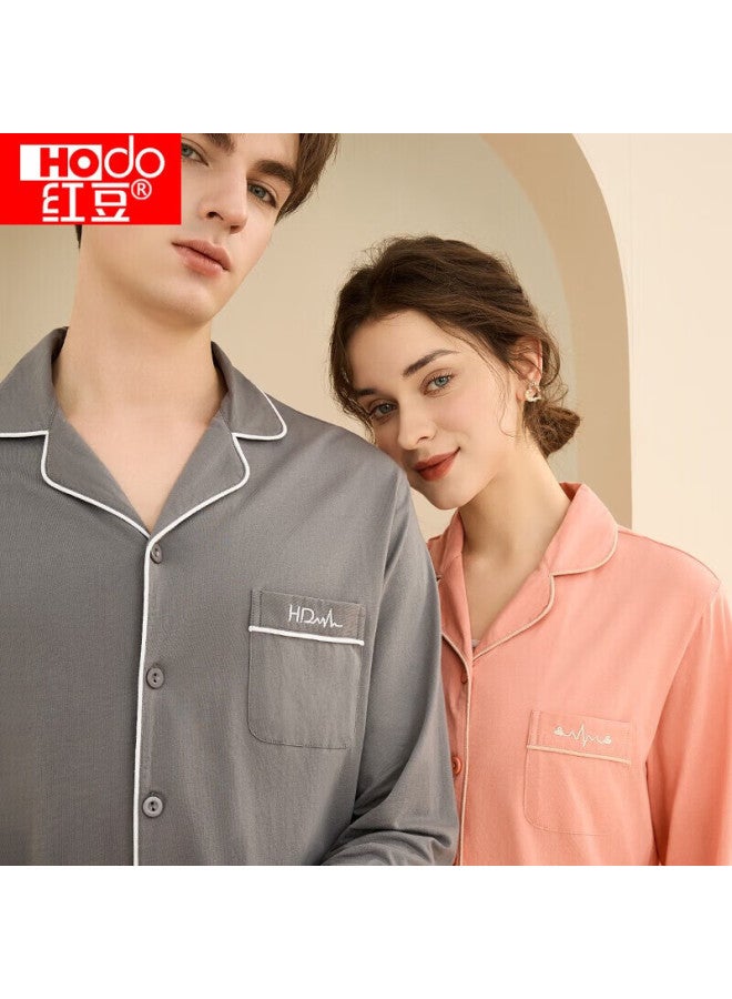 Hodo Women's Pure Cotton Long-sleeve Pajama Set, Solid Color Lapel Cardigan Couple's Sleepwear, Orange Pink, Size 175 - Image 1