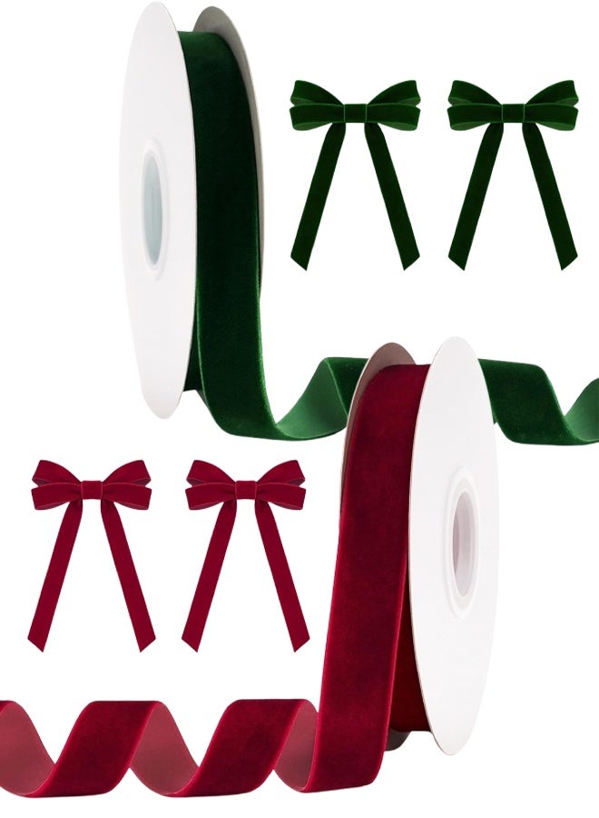 Green Velvet Ribbon & Dark Red Velvet Ribbon Luxurious Soft Velvet Ribbon for Xmas Tree Decoration,Gift Wrapping, Holiday Crafts, Wedding Decorations and Festive Bows - Image 1